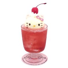 an ice cream sundae with hello kitty on top and a cherry garnish