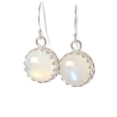 "Stunning Rainbow Moonstone Dangle Earrings made with genuine moonstone (June Birthstone) and set in sterling silver crown bezel setting. These earrings could make a wonderful gift for someone born in June! Just one pair available, and READY TO SHIP. MATERIALS: * natural rainbow moonstone * dangling from French hooks or leverbacks * Sterling Silver * come in our beautiful gift box + card about moonstone SIZE: * moonstones: 10x10 mm * earrings from top to bottom: - 1,8 cm or 3/4\" with french hoo Delicate Silver Moonstone Earrings, Dainty Nickel-free Moonstone Earrings, Dainty Moonstone Earrings Nickel Free, Silver Moonstone Birthstone Earrings, Silver Moonstone Earrings With Birthstone, White Moonstone Birthstone Earrings, Silver Birthstone Earrings With Moonstone, Delicate White Moonstone Earrings, Delicate Round Moonstone Earrings