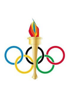 the olympic torch is shown in front of a white background with red, yellow, and blue rings