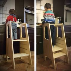 two children are standing on steps in the kitchen and one is sitting at the sink