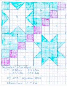 a blue and pink quilt with stars drawn on it's side, in the middle of