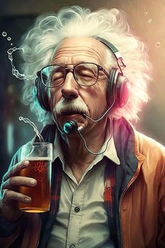 an old man wearing headphones drinking beer and listening to music with headphones on