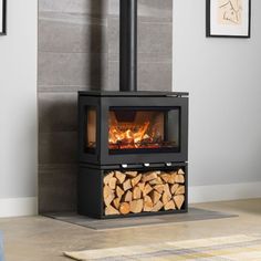 a wood burning stove in a living room