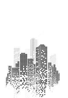 a black and white cityscape is shown in the middle of this graphic design