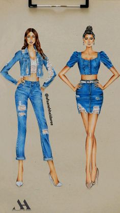 an image of two women in denim outfits on a piece of paper with the same drawing