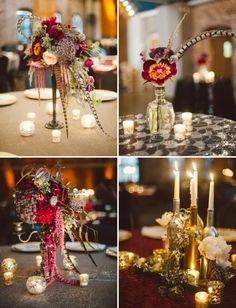 four different pictures of flowers in vases, candles and other decorations on a table