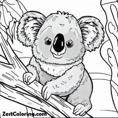 a koala bear sitting on top of a tree branch in the forest coloring page