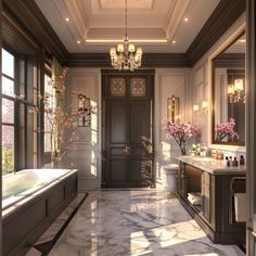 an elegant bathroom with marble flooring and chandelier