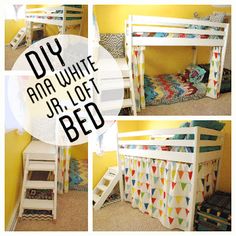 this is a collage of photos of a bunk bed with colorful sheets and pillows