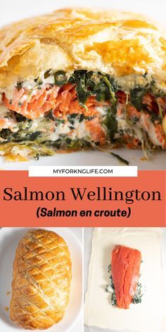 salmon wellington on croute with text overlay