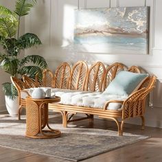 a living room with wicker furniture and plants