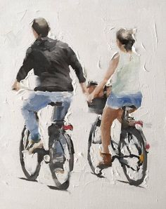 two people riding bikes on a white surface with one holding the other's hand