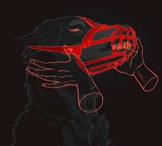 a drawing of a dog holding a blow dryer in its mouth with red light coming from it