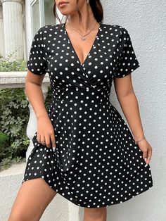 Plus Size Women's Knitted Polka Dot Pattern Short Sleeve A-Line Dress With Cinched Waist Black Casual  Short Sleeve Knitted Fabric Colorblock,Geometric,Polka Dot,All Over Print A Line Medium Stretch  Women Plus Clothing, size features are:Bust: ,Length: ,Sleeve Length: Polka Dot Pattern, Cinched Waist, Patterned Shorts, Black Casual, Eos, Plus Clothing, All Over Print, Plus Size Dresses, All Fashion