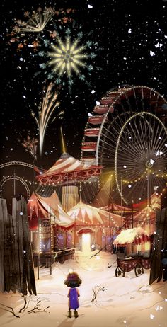 a person holding an umbrella standing in front of a ferris wheel at night with snow falling on the ground