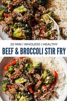 beef and broccoli stir fry with rice on a plate