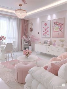 a living room filled with white furniture and pink decor