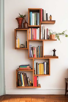 a bookshelf filled with lots of books on top of a wooden floor