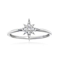 Ross-Simons - .10 ct. t. w. Diamond North Star Ring in Sterling Silver. Size 6. RS Pure. Modern designs that complete your outfit and complement your personality. Get your everyday stack into tip-top shape by incorporating a shimmering star! Our simple ring features the North Star adorned with .10 ct. t. w. diamonds. Crafted in sterling silver. 3/8" wide. Diamond North Star ring. Diamond birthstones are the perfect gift for April birthdays. North Star Engagement Ring, Star Ring Silver, North Star Ring, Engament Rings, Pretty Engagement Rings, Gothic Ring, The North Star, Diamond Birthstone, Simple Ring