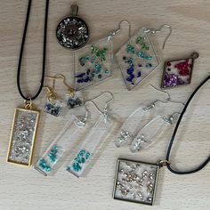 Unique resin and crushed glass designs. Earrings and pendant necklaces. Resin Jewelry With Glitter For Gift, Glitter Resin Jewelry As A Gift, Glitter Resin Jewelry For Gift, Glitter Resin Jewelry Perfect For Gifts, Rectangular Resin Jewelry Gift, Nickel-free Resin Jewelry For Crafting, Clear Resin Jewelry With Pressed Flowers, Handmade Clear Rectangular Jewelry, Resin Round Pendant For Jewelry Making