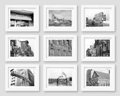 nine black and white photographs hanging on the wall in front of a building with a sign that reads nashville