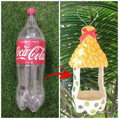 an ornament shaped like a coca - cola bottle hanging from a palm tree