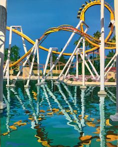 a painting of a roller coaster in the middle of a body of water with yellow and blue colors