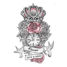 an old school tattoo design with roses and a crown on top of a banner that says queen