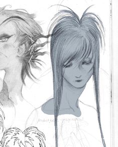 two drawings of people with long hair