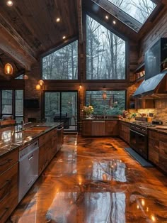 a large kitchen with wooden walls and flooring