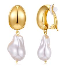 PRICES MAY VARY. Chunky Gold Clip On Earrings for Women: WOWORAMA 18k gold plated clip on pearl earrings feature a gold oval dome that hangs with a big simulated baroque pearl. A very statement and chic design that gives an amazing feeling of beauty. Non-Pierced Baroque Pearl Clip On Earrings: The top of the large pearl clip on earrings is an ear clip-on back design, so people who don't have pierced ears can also enjoy wearing gold statement clip on pearl drop earrings. Stylish Gold Clip On Pear Victorian Clip On Earrings, Double Pearl Earrings, Large Pearl Earrings, Gold Clips, Hanging Earrings, Big Earrings, Pearl Earrings Dangle, Jewelry For Her, Pearl Drop Earrings