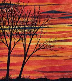 a painting of two trees in front of an orange and red sky with the sun going down