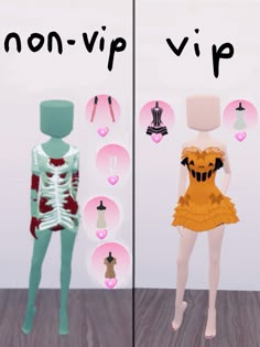 two screens showing different types of mannequins in various poses, with the words non - vip up above them