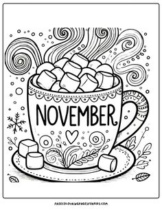 a coloring page for november with a cup of hot chocolate and marshmallows