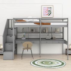 a loft bed with stairs and desk in the corner, next to a rug on the floor