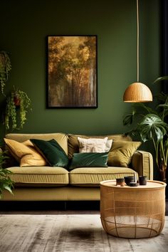 a living room with green walls and furniture in the corner, including a couch, coffee table, and potted plants