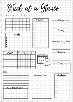 the week at a glance calendar is shown in this black and white printable planner