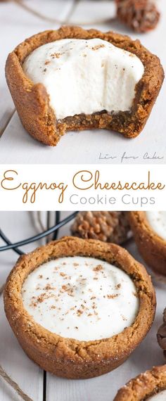 an eggnog cheesecake cookie cup is shown