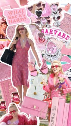 a collage of pink and white images with women's accessories in the background