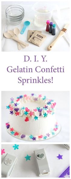 a cake with sprinkles on it and the words d l y gelatin confetti sprinkles