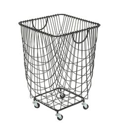 a black wire basket on wheels is shown