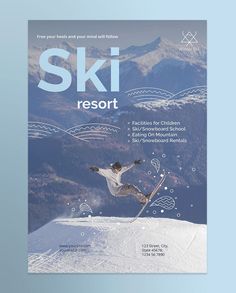 the ski resort brochure features a snowboarder doing a trick in the air