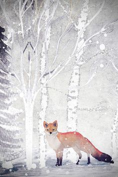 a painting of a fox standing in the snow next to some trees and snow flakes