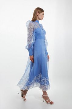 Embroidered Floral Woven Button Up Maxi Dress | Karen Millen Spring Long Sleeve Organza Dresses, Spring Organza Dress With Long Sleeves, Long Sleeve Organza Dresses For Spring, Embroidered Long Sleeve Organza Dress, Spring Maxi Dress With Lace Sleeves And Floor-length, Spring Fitted Organza Midi Dress, Spring Party Midi Dress With Bishop Sleeves, Spring Floor-length Maxi Dress With Lace Sleeves, Fitted Organza Midi Dress For Spring