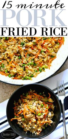 fried rice with carrots and peas in a skillet next to silverware on a table