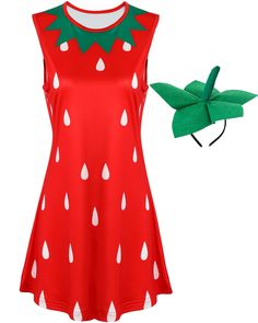 a red dress with white drops on it and a green leaf attached to the back