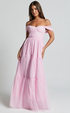 Ontario Maxi Dress - Off Shoulder Corset Bodice Tulle Dress in Ballet Pink | Showpo USA Off Shoulder Corset, Basic Black Dress, Pink Bridesmaid Dress, Bachelorette Dress, Neon Outfits, Spring Maxi Dress, Navy Bridesmaid Dresses, Pink Bridesmaid Dresses, Corset Bodice