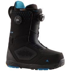 a black snowboard boot with blue accents