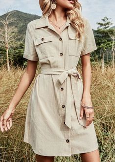 Button Down Shirt Short Sleeve, Short Sleeve Shirt Women, Women's Button Down Shirt, Short Sleeve Dress Shirt, Elegante Casual, Belted Shirt Dress, Khaki Dress, Vestido Casual, Mini Shirt Dress