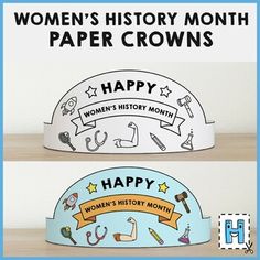 women's history month paper crowns are shown in two different colors and designs, one for each woman